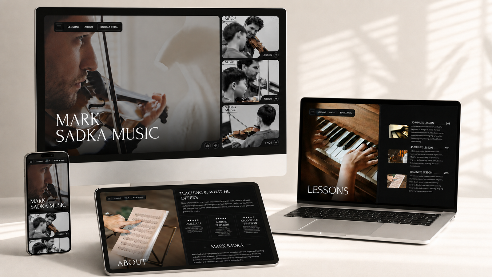 Mark Sadka Music website shown on desktop, laptop, tablet and mobile, with the lessons and about pages