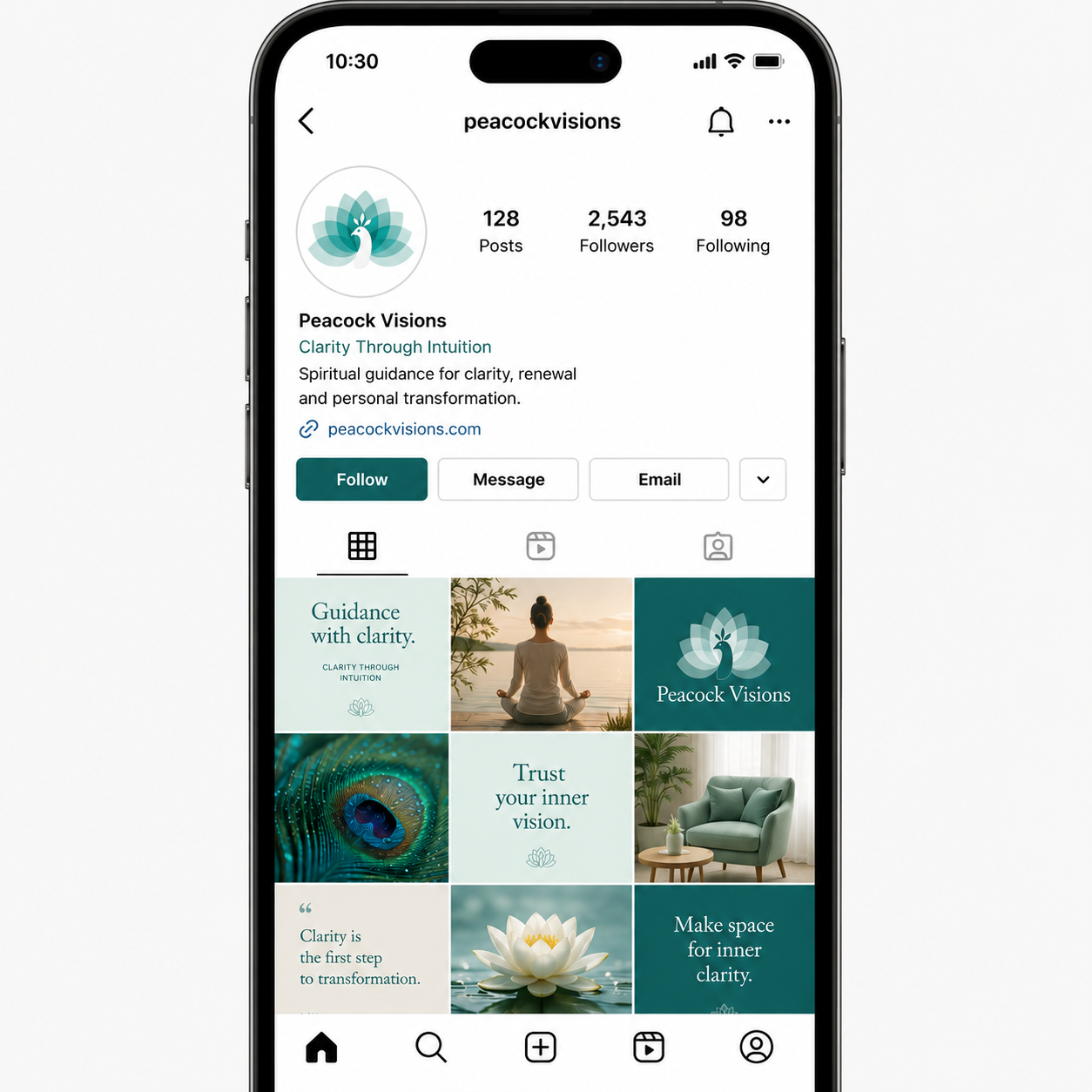 Peacock Visions Instagram profile showing the lotus peacock mark and a coordinated grid of quote and photography posts