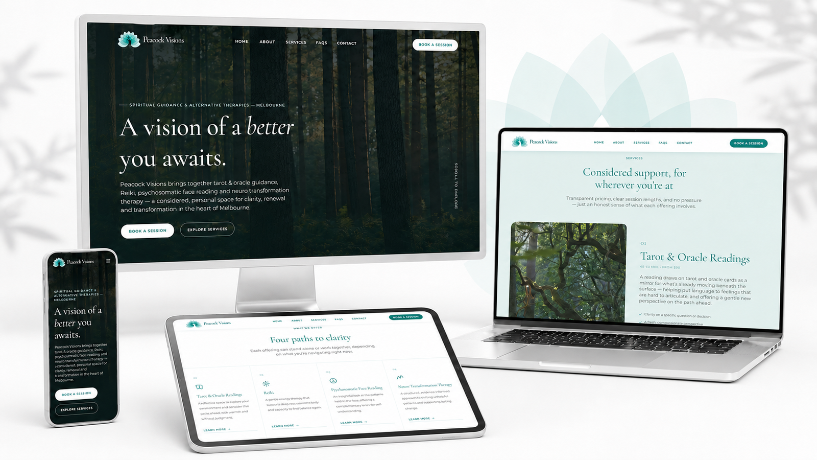 Peacock Visions website shown on desktop, laptop, tablet and mobile, with the forest hero and services pages